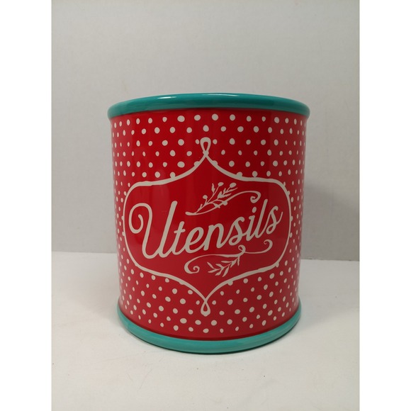 The Pioneer Woman Other - The Pioneer Woman Flea Market Red Polka Dot Stoneware Utensil Crock 6.5in Teal